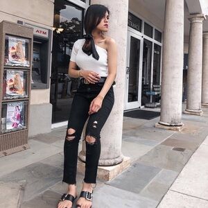 White one shoulder ribbed top